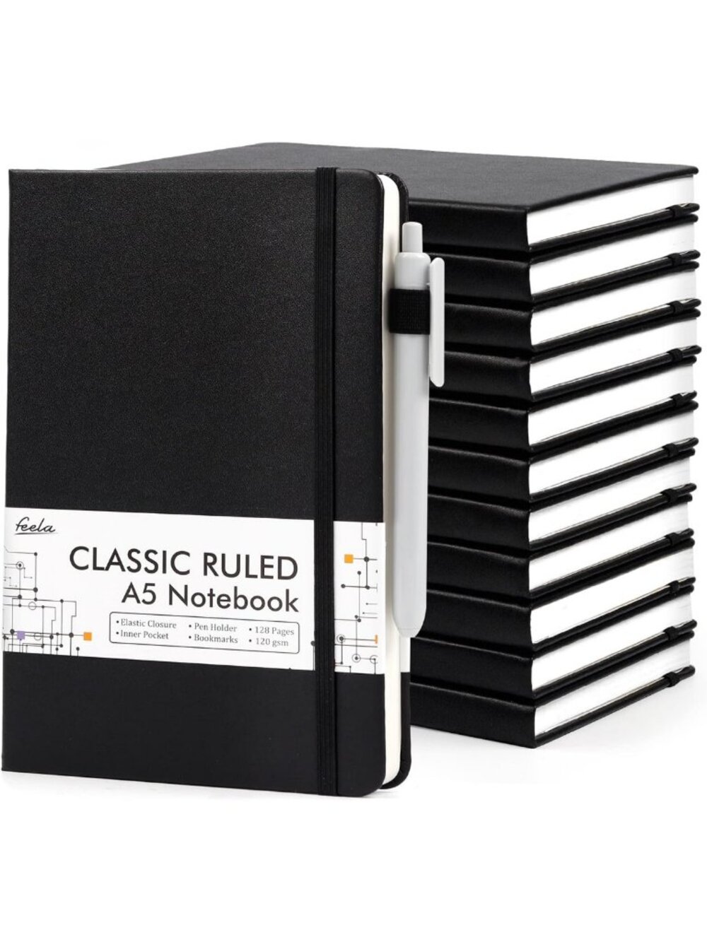 12 Pack A5 Hardcover Notebooks with Pens - Classic Ruled Journals for School